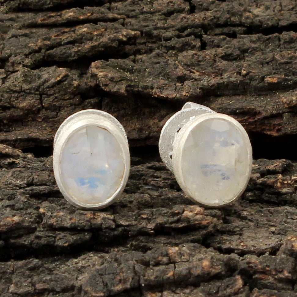 Rainbow Moonstone Stud Matte Finish 925 Sterling Silver Earrings