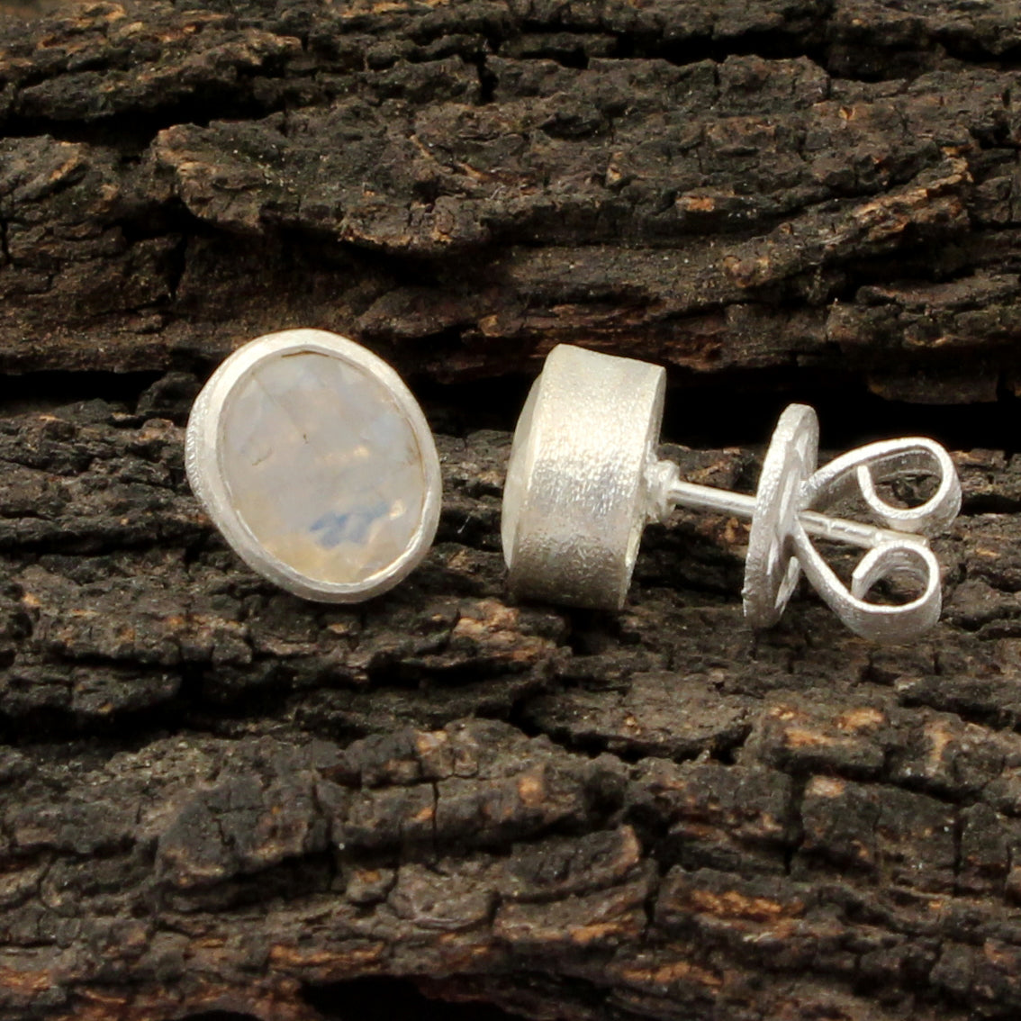 Rainbow Moonstone Stud Matte Finish 925 Sterling Silver Earrings