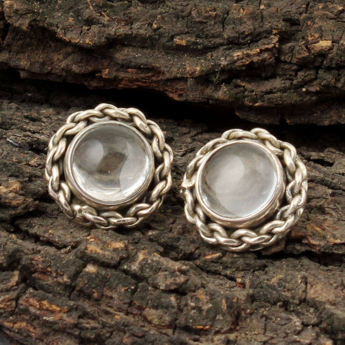 Round Crystal Quartz Stud Earrings Handmade Bohemian 925 Sterling Silver Jewelry