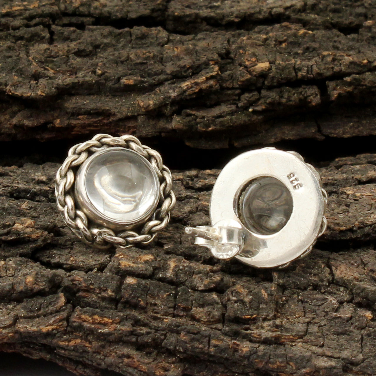 Round Crystal Quartz Stud Earrings Handmade Bohemian 925 Sterling Silver Jewelry
