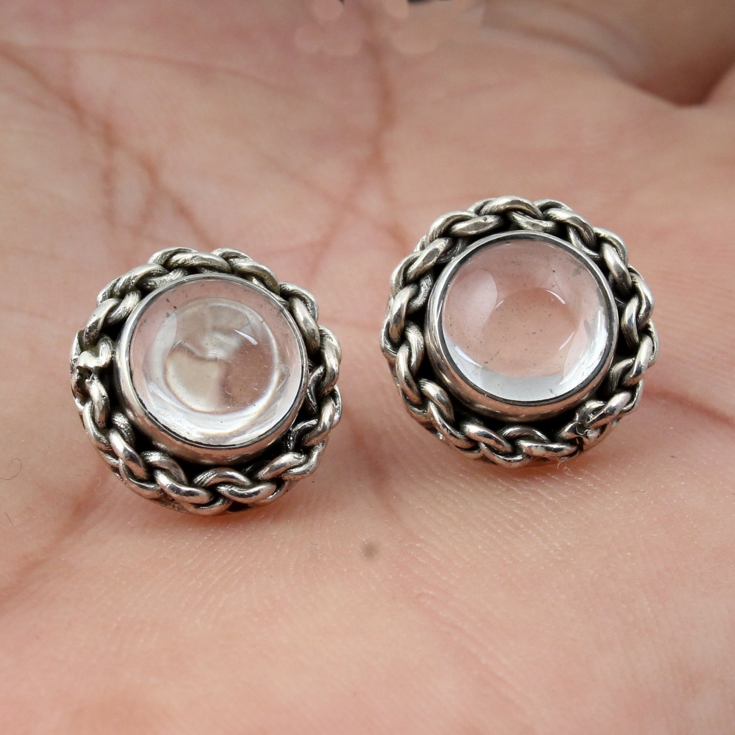 Round Crystal Quartz Stud Earrings Handmade Bohemian 925 Sterling Silver Jewelry