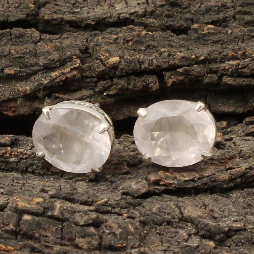 Rose Quartz Studs Earrings Prong Set 925 Sterling Silver Jewelry