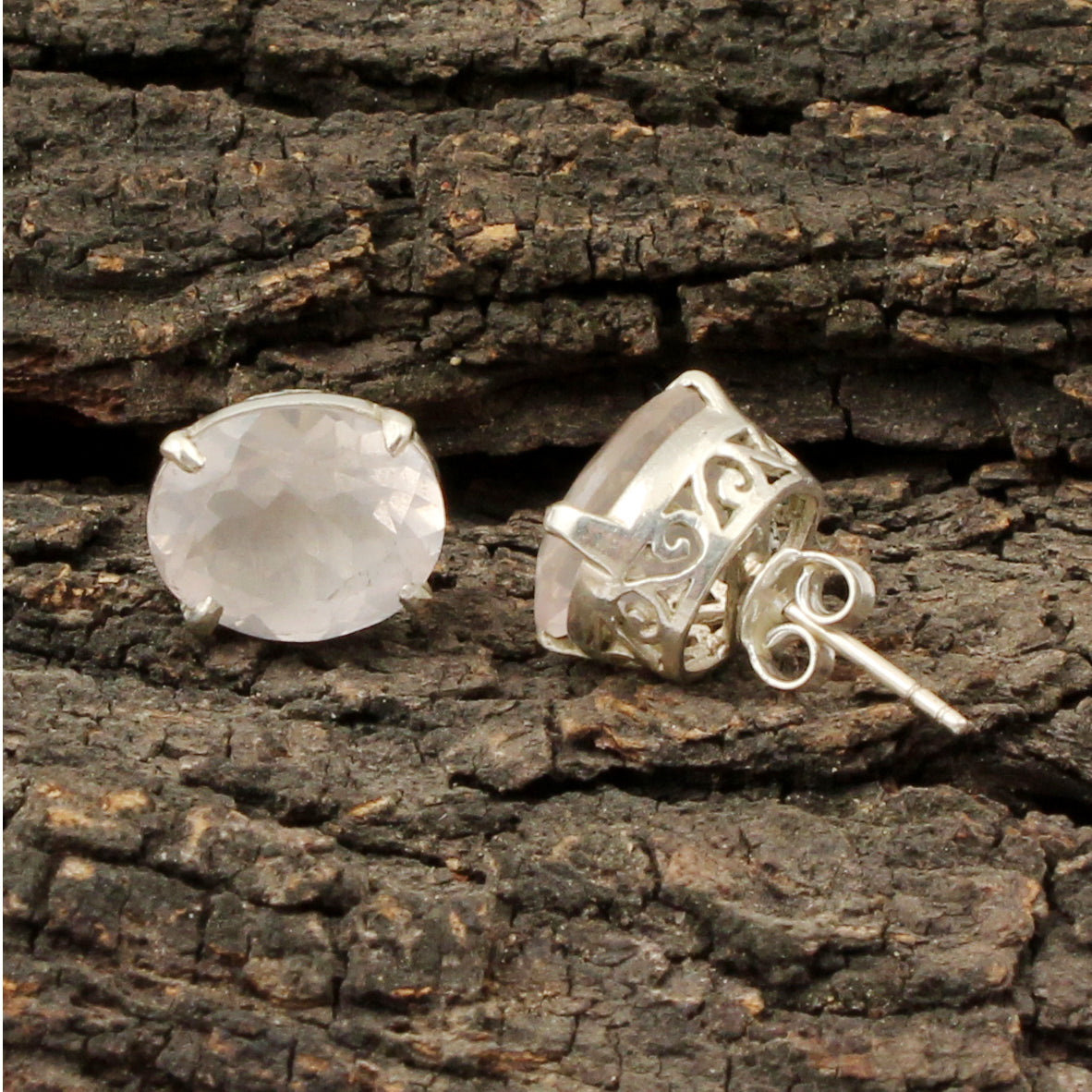 Rose Quartz Studs Earrings Prong Set 925 Sterling Silver Jewelry