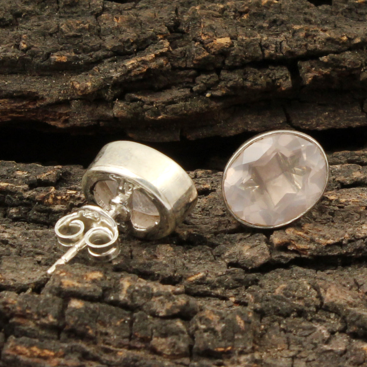 Natural Rose Quartz Studs Earrings Bezel Set 925 Sterling Silver Jewelry