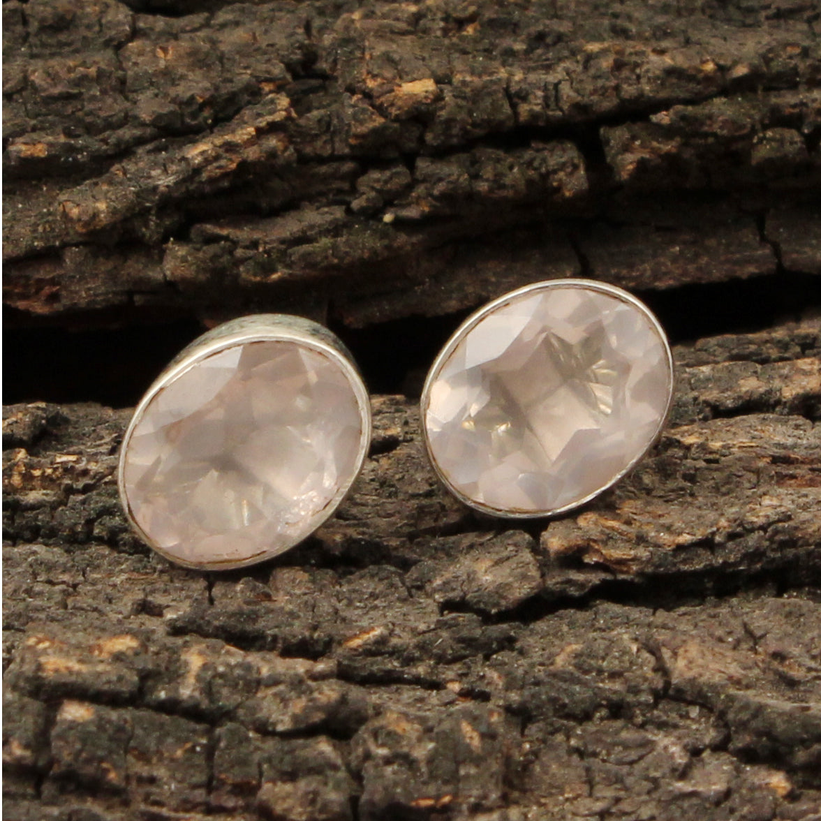 Natural Rose Quartz Studs Earrings Bezel Set 925 Sterling Silver Jewelry