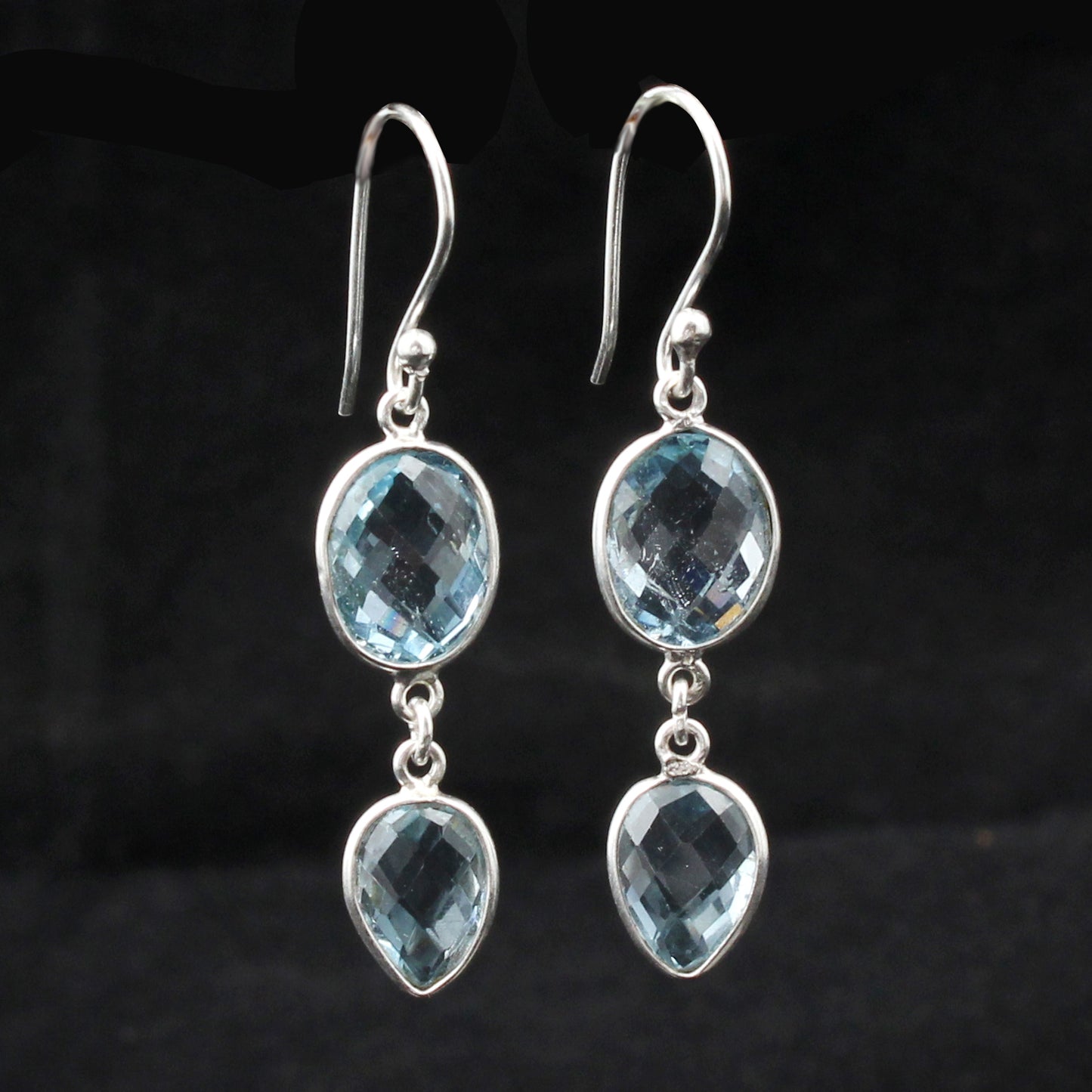 Checker Cut Blue Topaz Earrings Handmade 925 Sterling Silver Dangle Jewelry