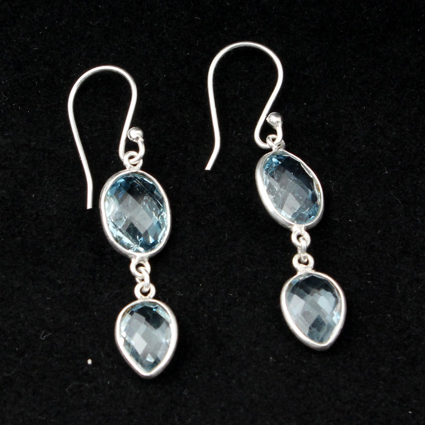 Checker Cut Blue Topaz Earrings Handmade 925 Sterling Silver Dangle Jewelry