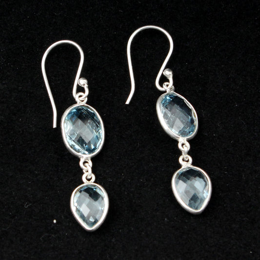 Checker Cut Blue Topaz Earrings Handmade 925 Sterling Silver Dangle Jewelry