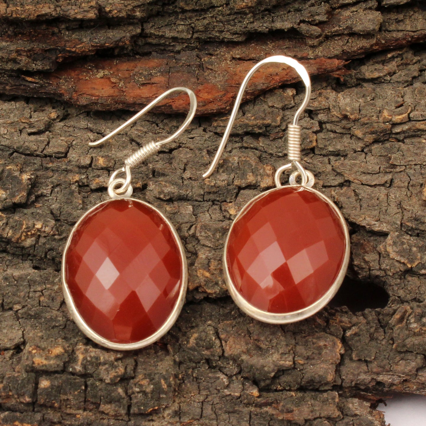 Red Onyx Oval Shape Faceted 925 Sterling Silver Dangle Earrings