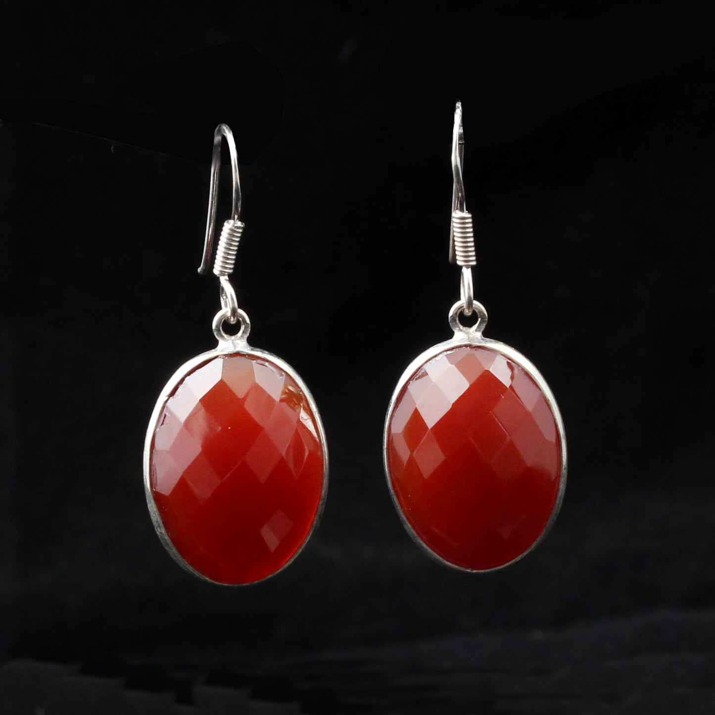 Red Onyx Oval Shape Faceted 925 Sterling Silver Dangle Earrings