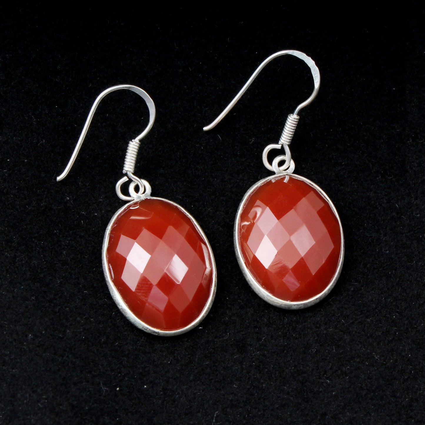 Red Onyx Oval Shape Faceted 925 Sterling Silver Dangle Earrings