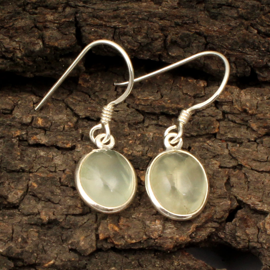 Prehnite Earrings in 925 Sterling Silver Handmade Lightweight Oval Shape Bezel Set Jewelry