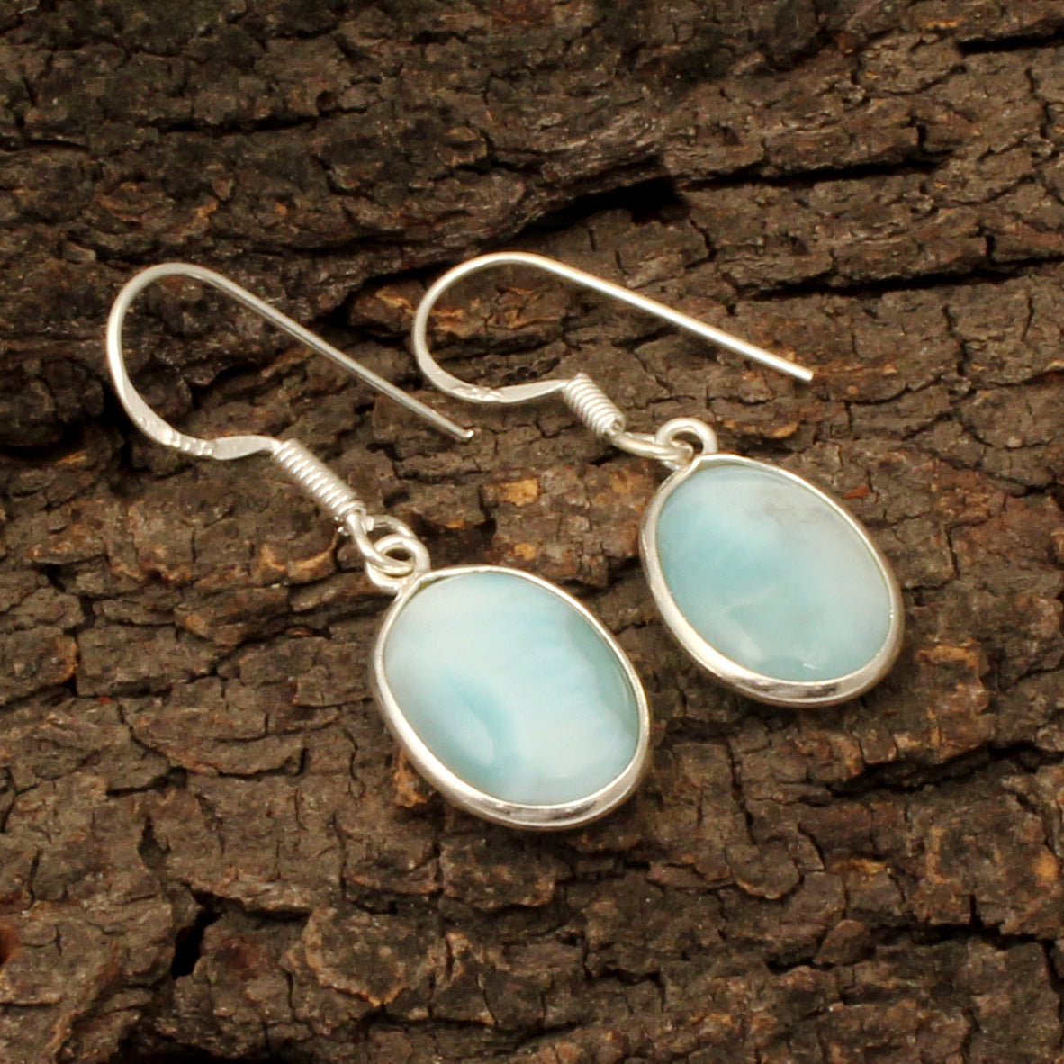 Natural Dominican Larimar Earrings Bezel Set 925 Sterling Silver Jewelry