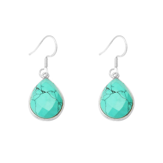 Turquoise Earrings 925 Sterling Silver Pear Shaped Minimalist Dangle Faceted Gemstone Jewelry