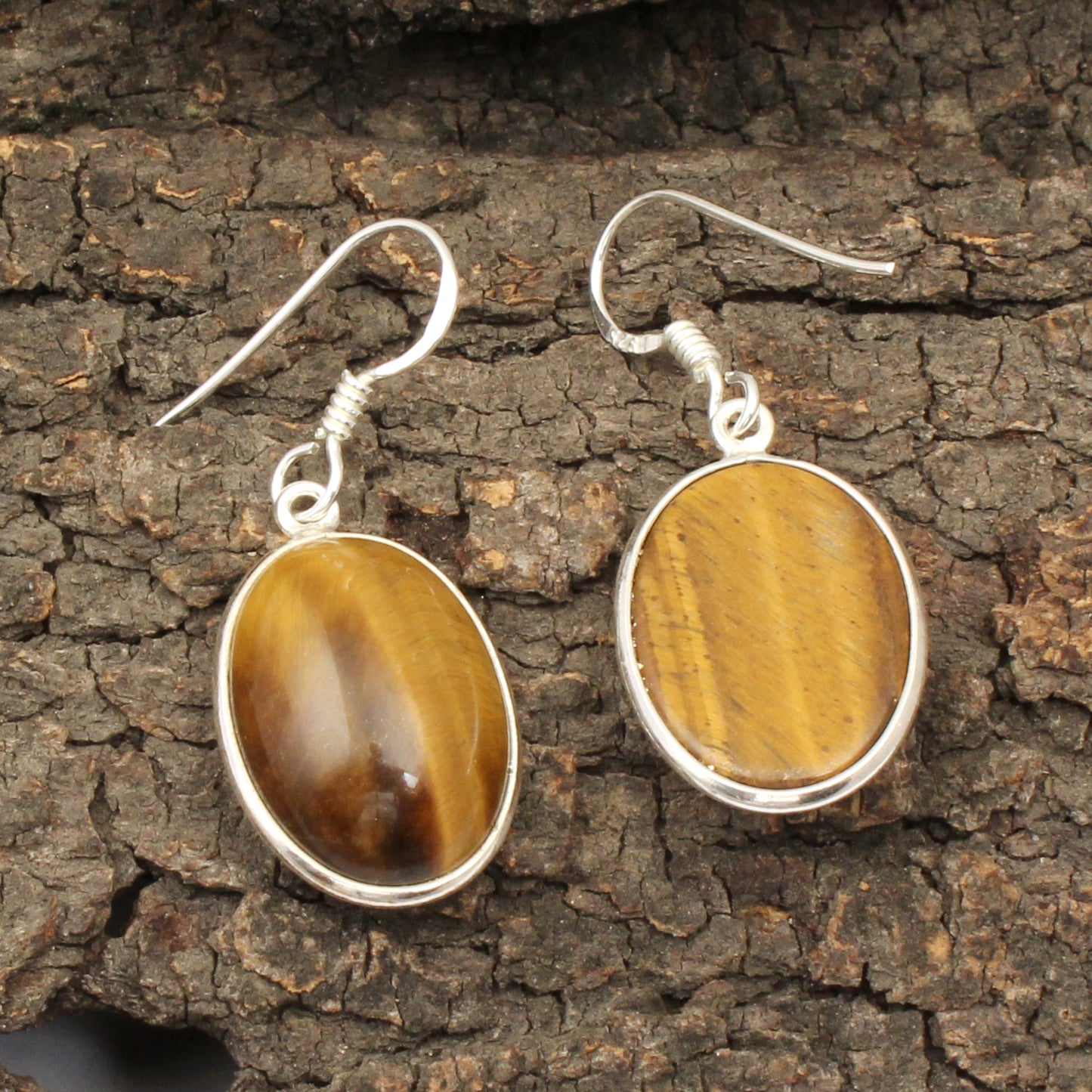 Tiger's Eye Earrings in 925 Sterling Silver Handmade Bezel Set Jewelry