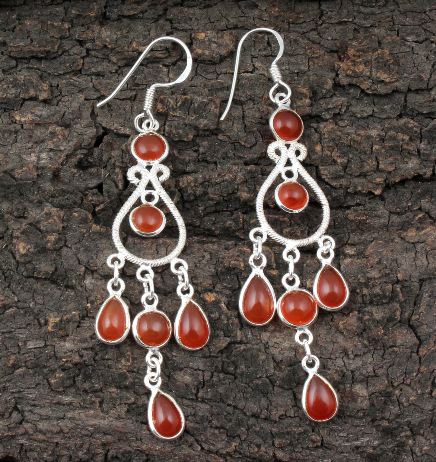 Long Dangle Carnelian Earrings 925 Sterling Silver Handmade Bohemian Jewelry