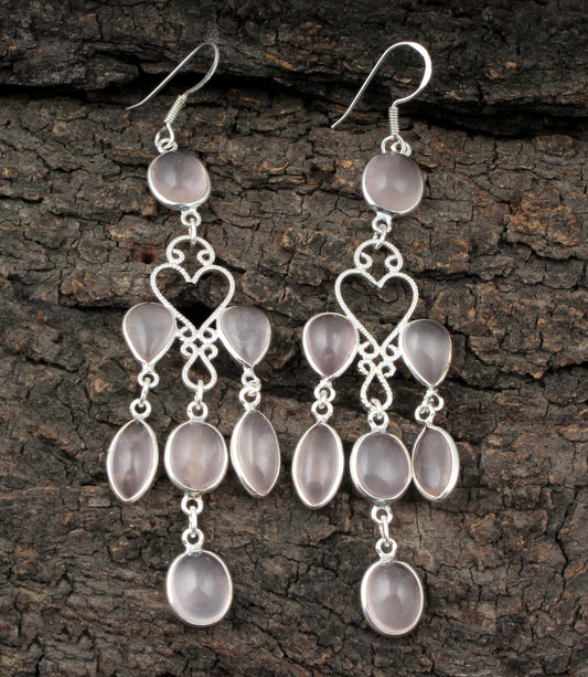 Long Dangle Multi Rose Quartz 925 Sterling Silver Earrings Jewelry