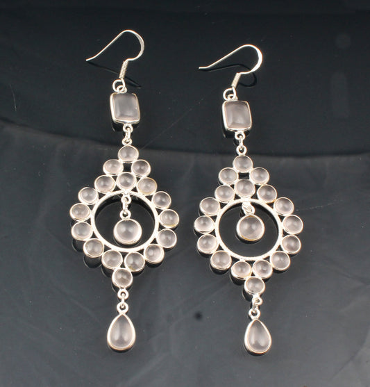 Long Dangle Multi Rose Quartz 925 Sterling Silver Earrings