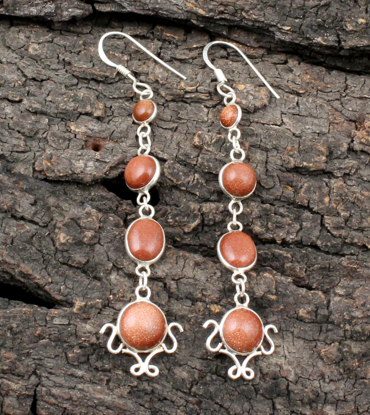 Long Multi Sandstone Dangle Earrings Handmade 925 Sterling Silver Jewelry