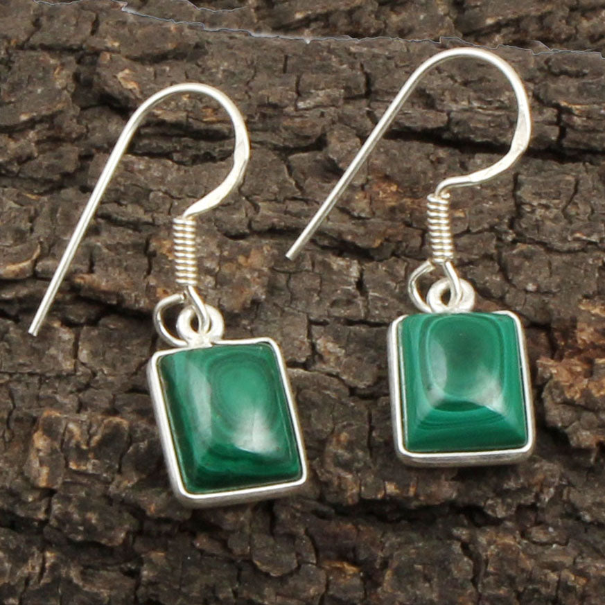Malachite 925 Sterling Silver Earrings Lightweight Minimalist Gemstone Dangle Jewelry