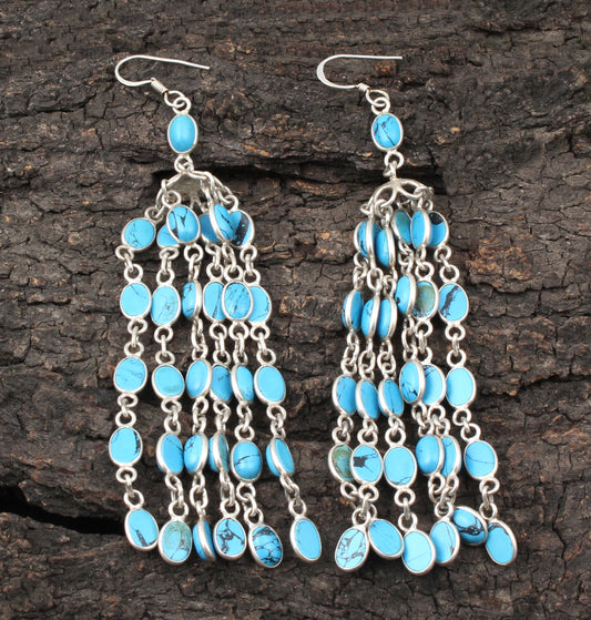 Blue Turquoise Solid 925 Sterling Silver Chandelier Earrings