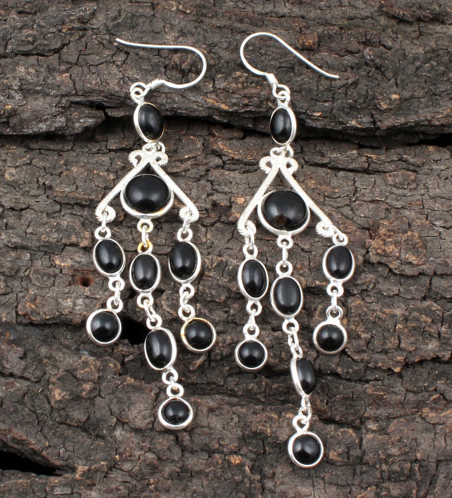 Chandelier Black Onyx Earrings in 925 Sterling Silver Dangle Jewelry