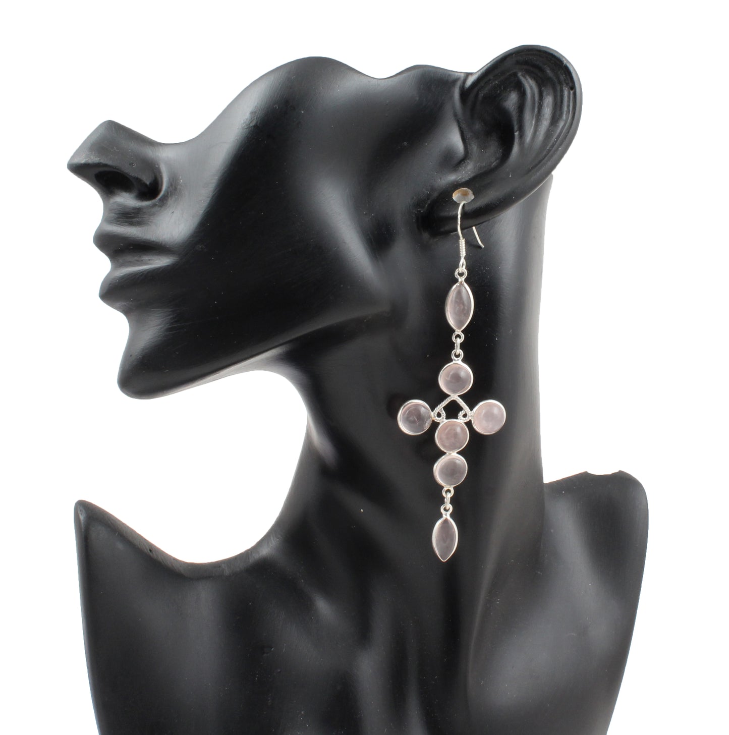 Long Dangle Rose Quartz 925 Sterling Silver Earrings