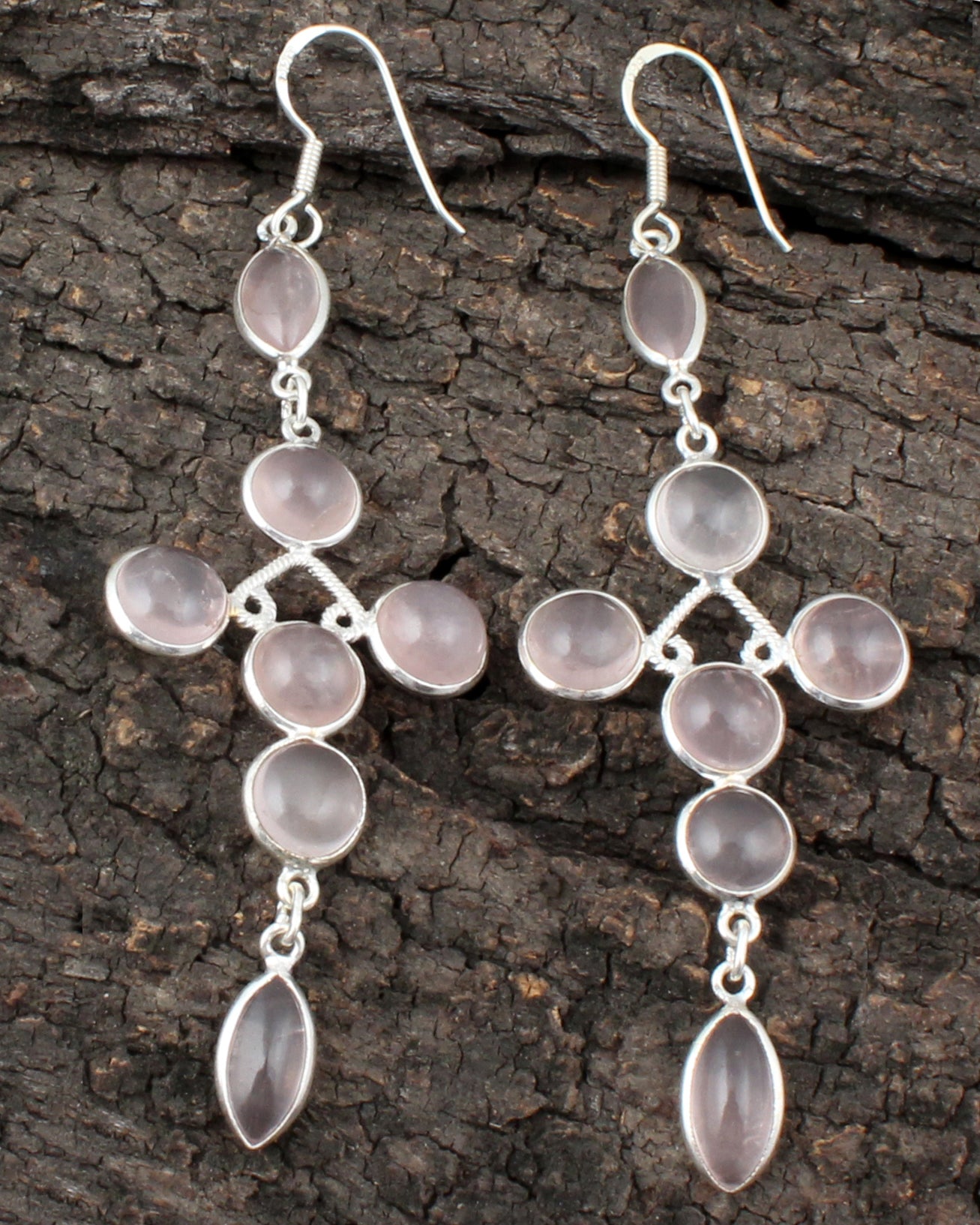 Long Dangle Rose Quartz 925 Sterling Silver Earrings