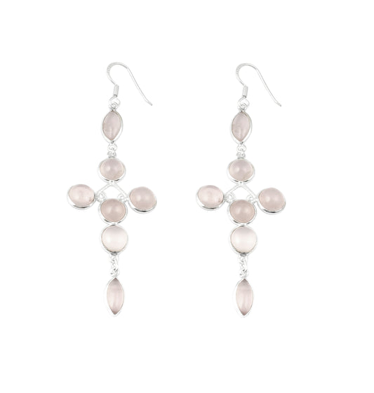 Long Dangle Rose Quartz 925 Sterling Silver Earrings