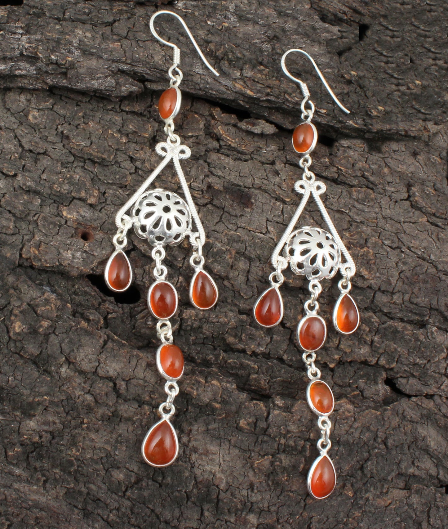 Long Dangle Carnelian Earrings with 925 Sterling Silver Ethnic Jewelry