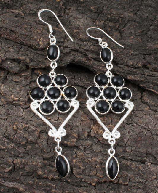 Chandelier Black Onyx Earrings in 925 Sterling Silver Handmade Jewelry