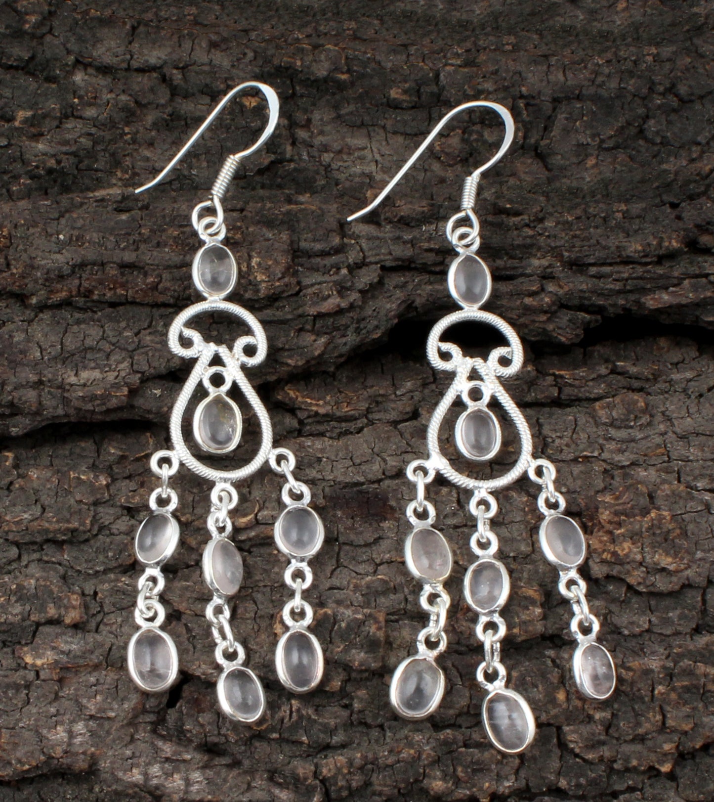 Chandelier Rose Quartz Gemstone 925 Sterling Silver Earrings