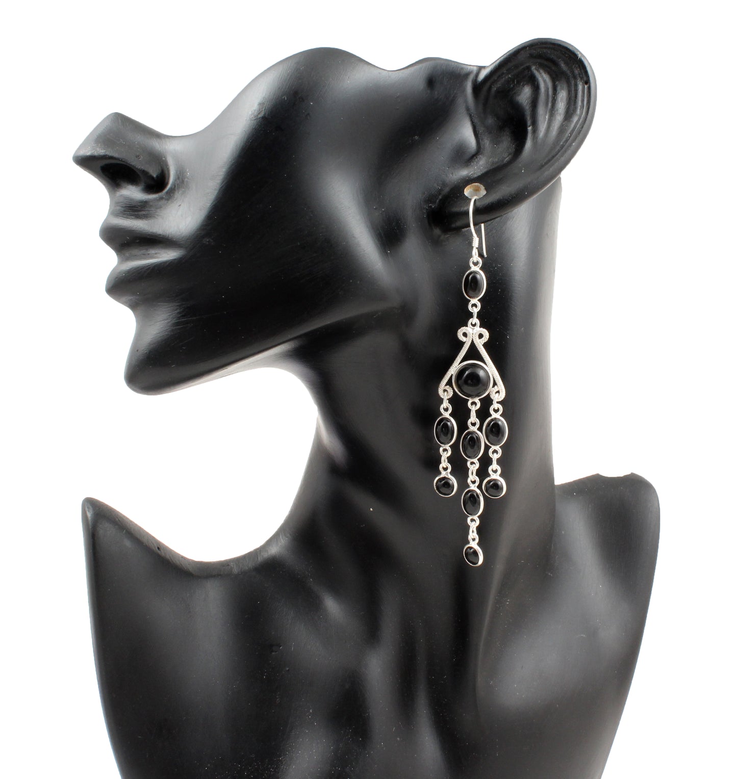 Ethnic Black Onyx Chandelier Earrings in 925 Sterling Silver