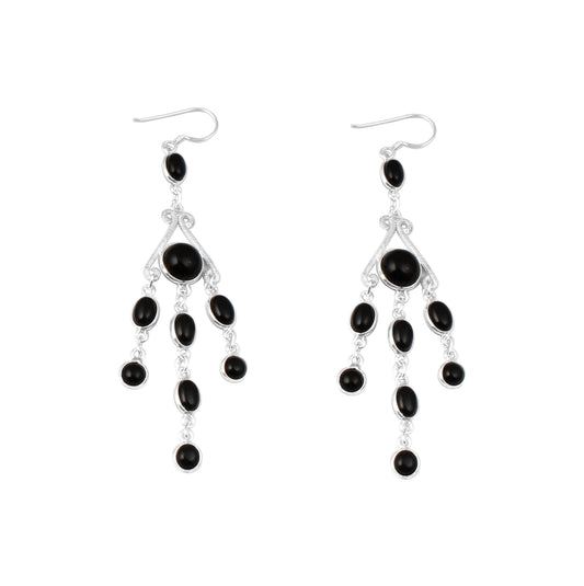 Ethnic Black Onyx Chandelier Earrings in 925 Sterling Silver