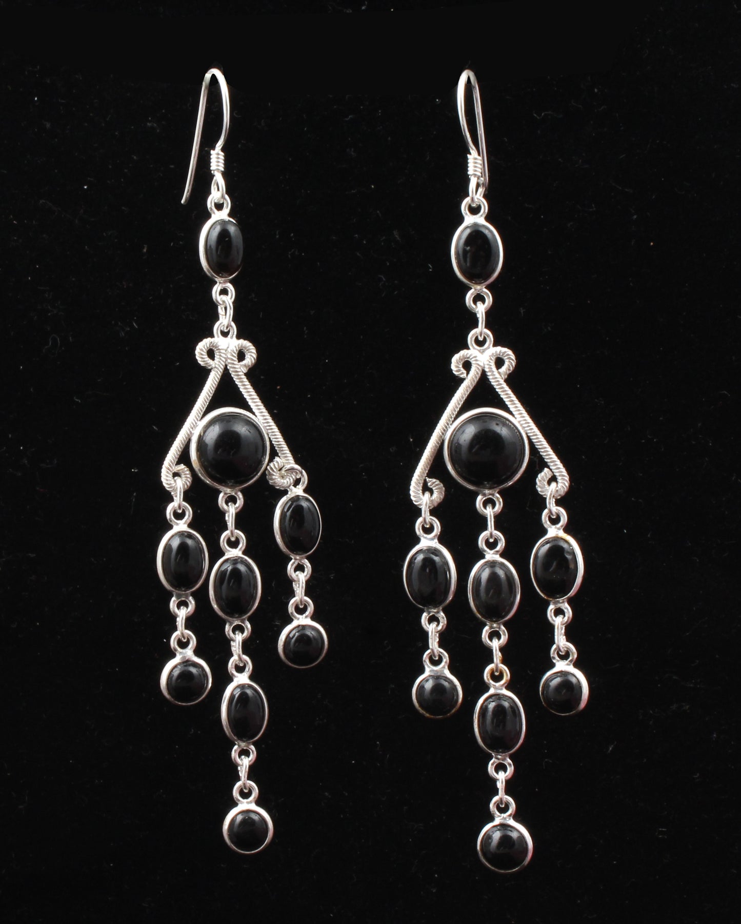 Ethnic Black Onyx Chandelier Earrings in 925 Sterling Silver