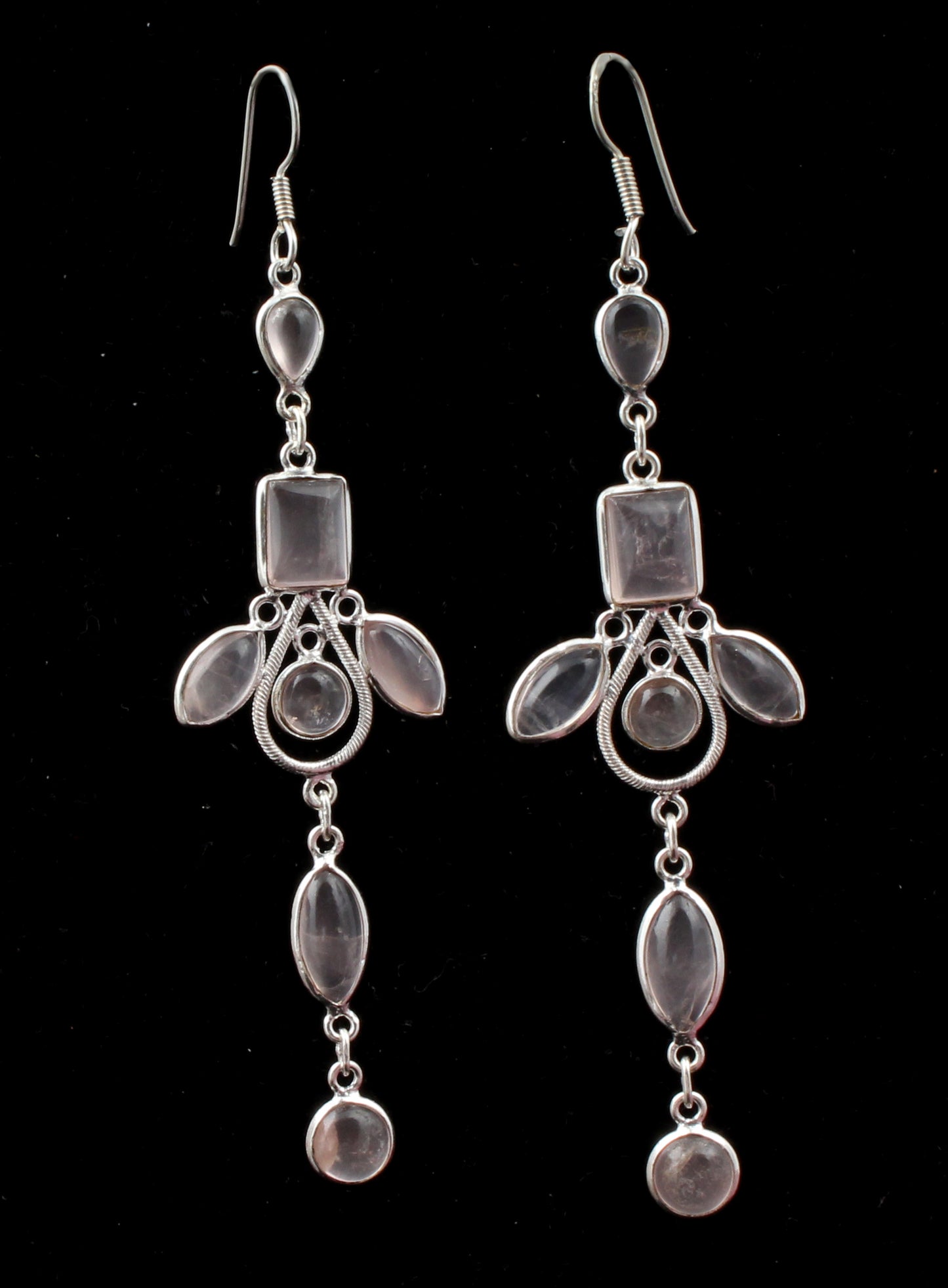 Long Dangle Natural Rose Quartz Earrings Handmade 925 Sterling Silver Jewelry