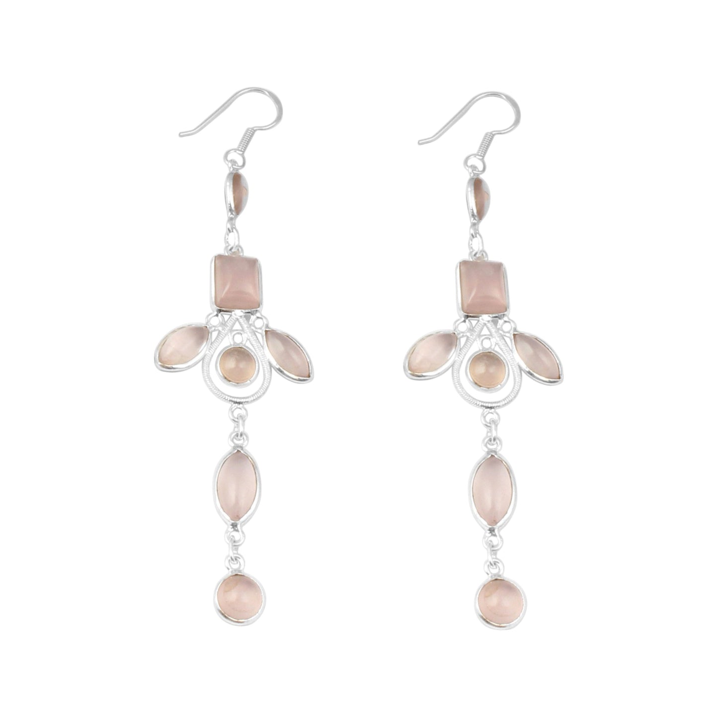 Long Dangle Natural Rose Quartz Earrings Handmade 925 Sterling Silver Jewelry