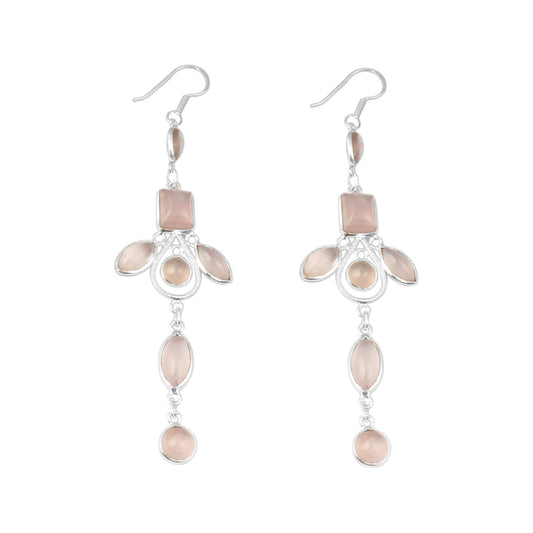 Long Dangle Natural Rose Quartz Earrings Handmade 925 Sterling Silver Jewelry
