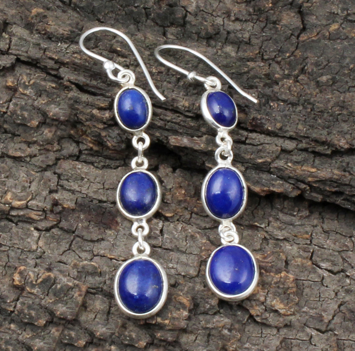 Natural Lapis Lazuli Earrings Handmade 925 Sterling Silver Ethnic Wear Earrings