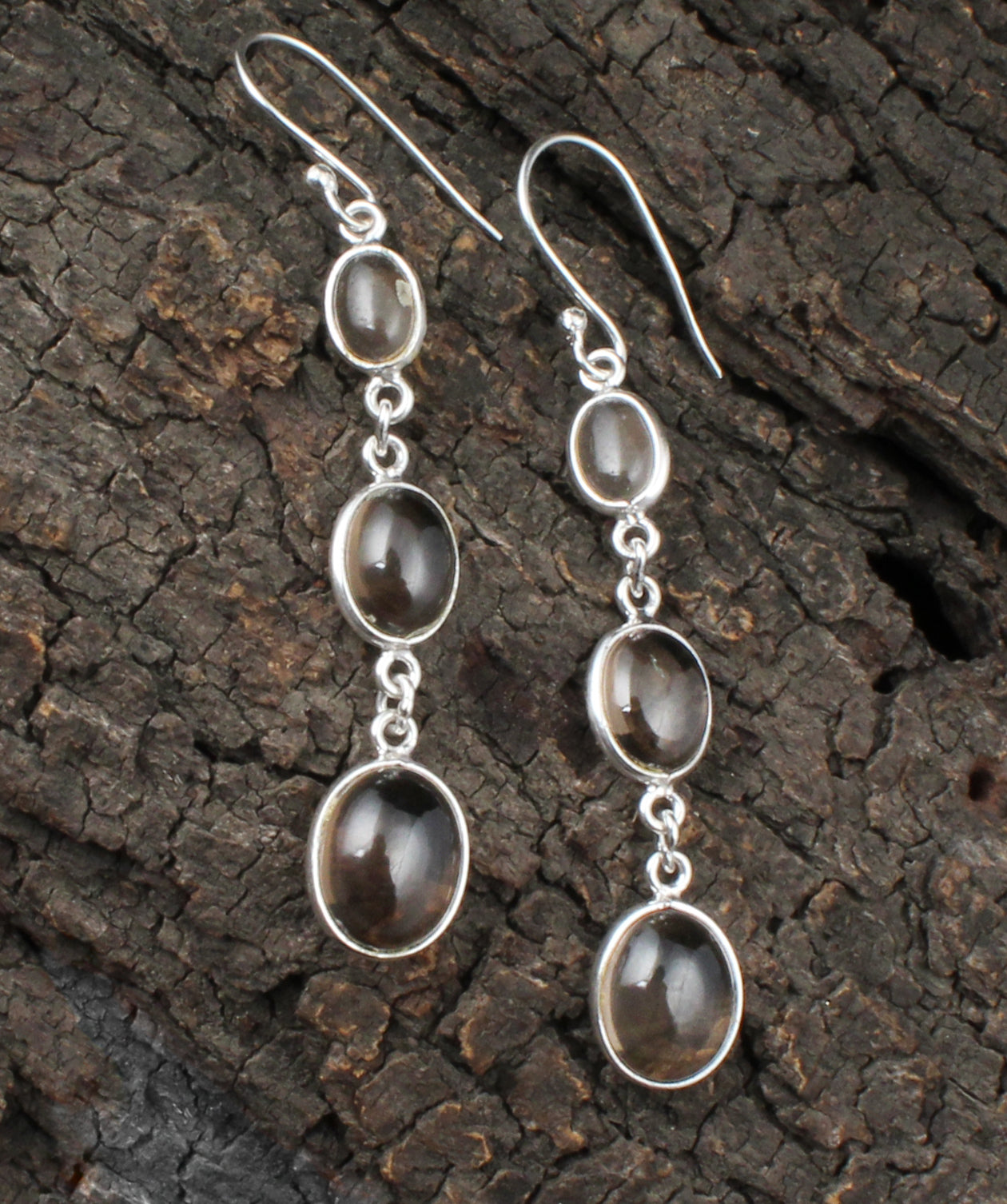 Smoky Quartz Cabochon Earrings in 925 Sterling Silver Handmade Lightweight Jewelry