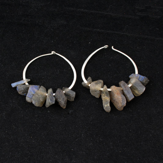 Rough Labradorite Hoop Earrings Handmade 925 Sterling Silver Raw Gemstone Earrings