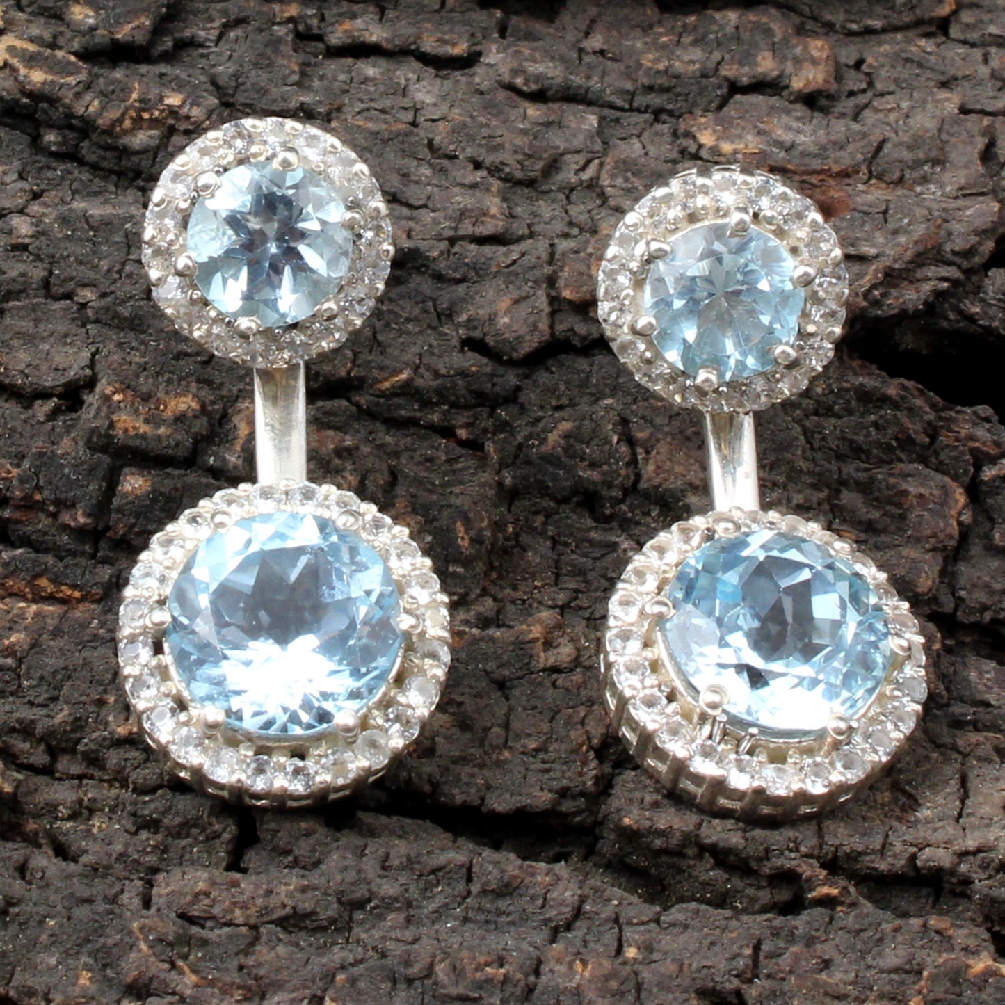 Natural Blue Topaz with CZ 925 Sterling Silver Cluster Earrings