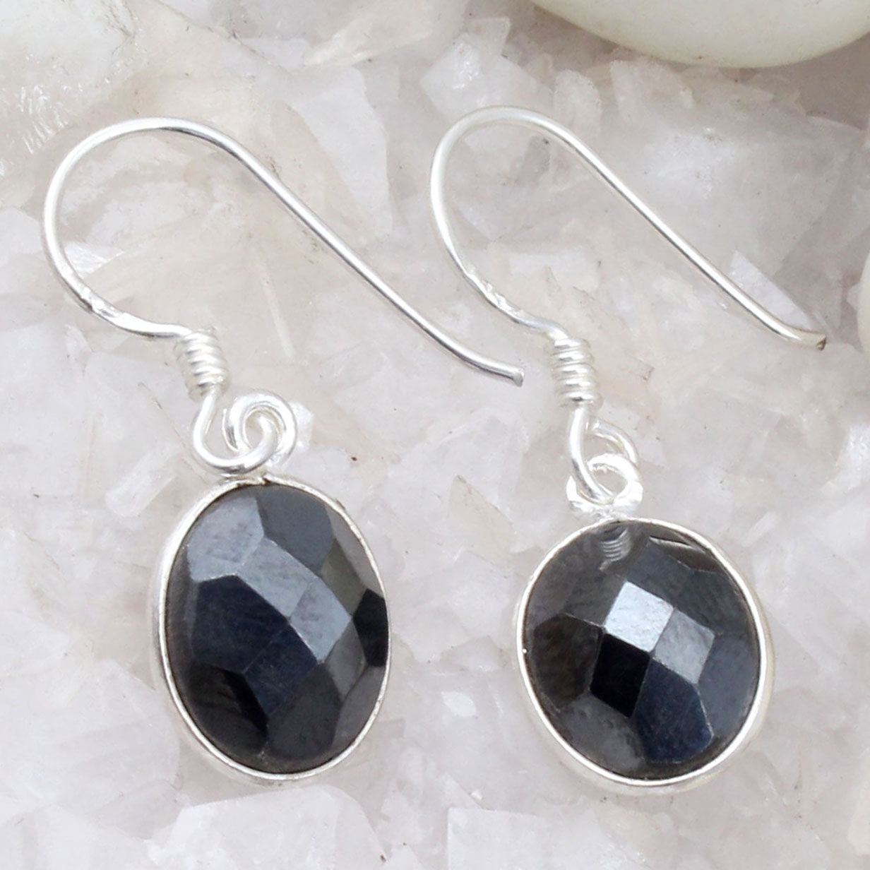 Hematite Earrings 925 Sterling Silver Jewelry Oval Shape Checker Cut Gemstone Dangle Earrings