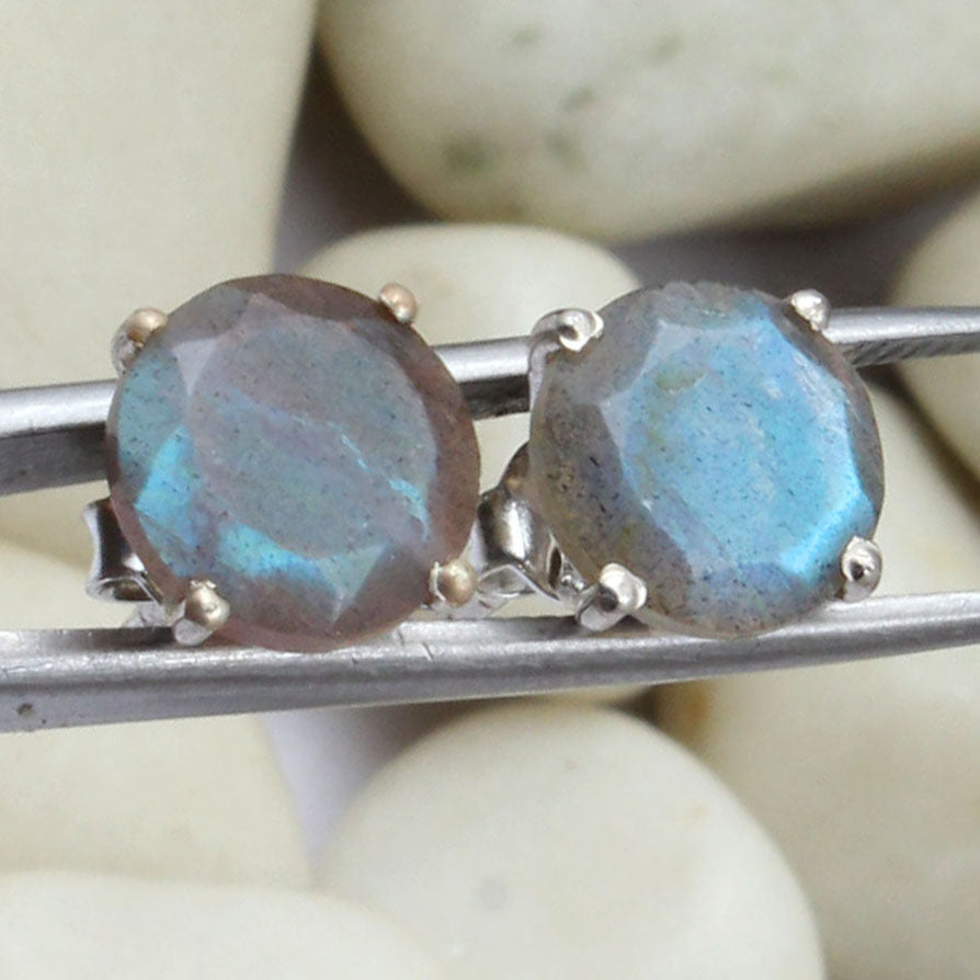 Labradorite Stud Earrings Handmade Prong Setting 925 Sterling Silver Jewelry