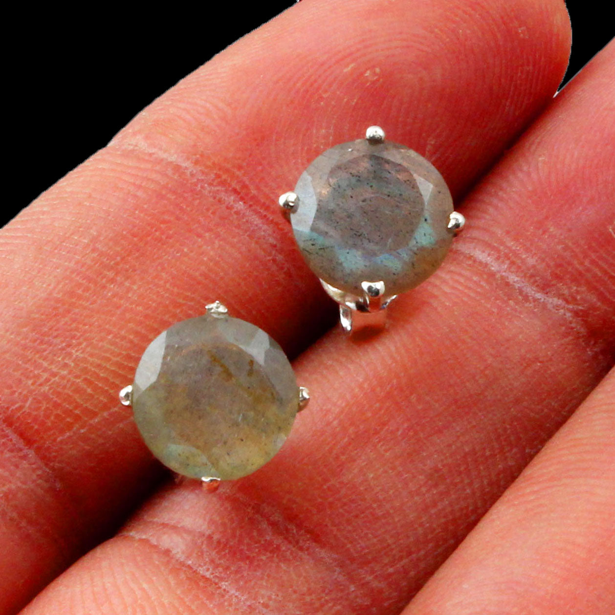 Labradorite Stud Earrings Handmade Prong Setting 925 Sterling Silver Jewelry