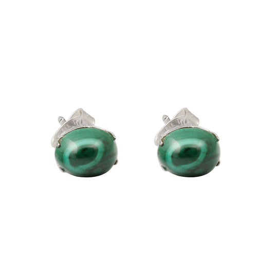 Natural Malachite Gemstone Stud Earrings Prong Set 925 Sterling Silver Handmade Oval Shape Stone Earrings