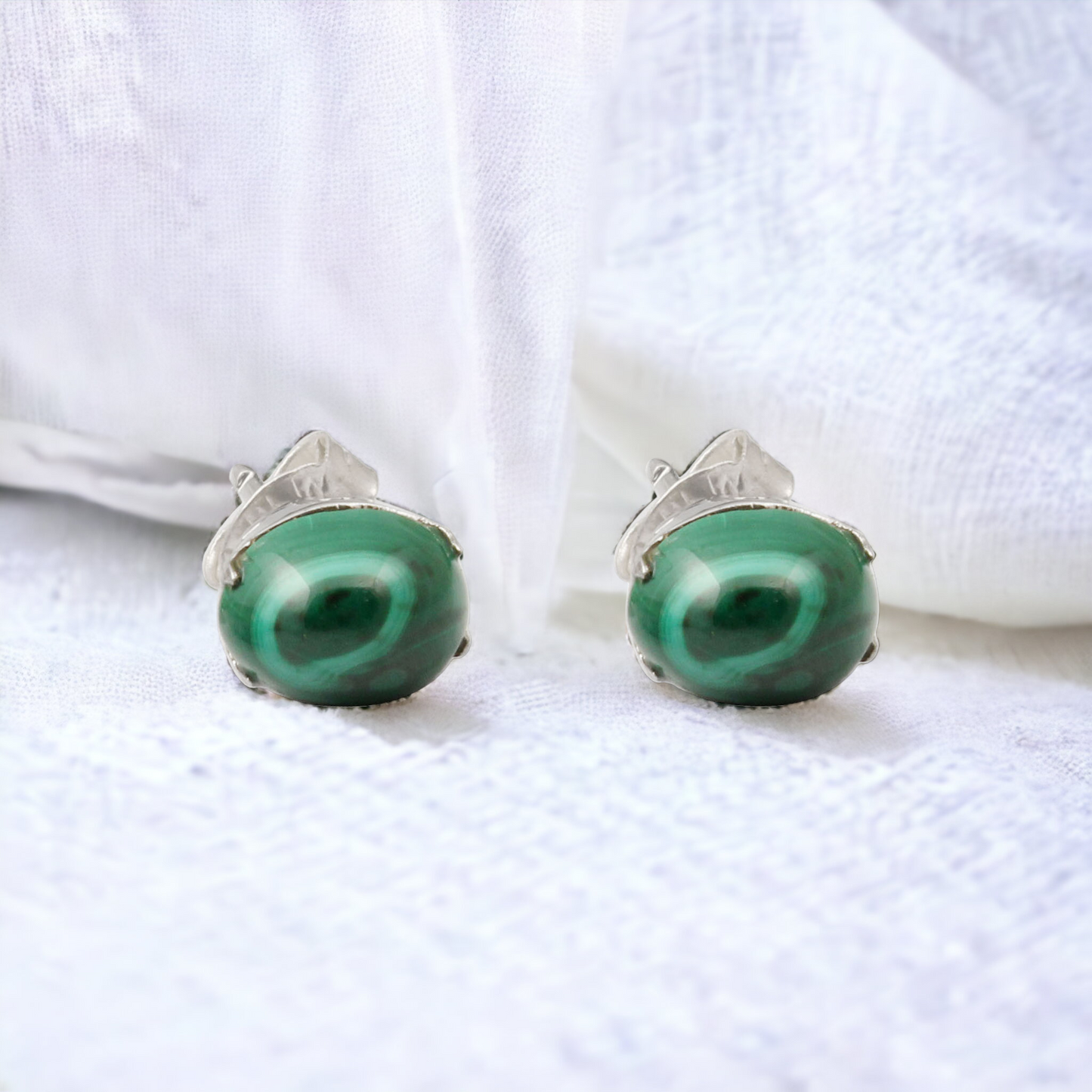 Natural Malachite Gemstone Stud Earrings Prong Set 925 Sterling Silver Handmade Oval Shape Stone Earrings