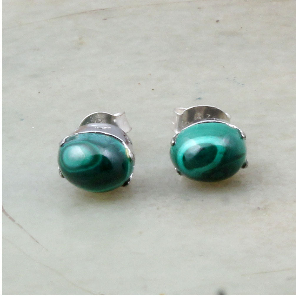 Natural Malachite Gemstone Stud Earrings Prong Set 925 Sterling Silver Handmade Oval Shape Stone Earrings