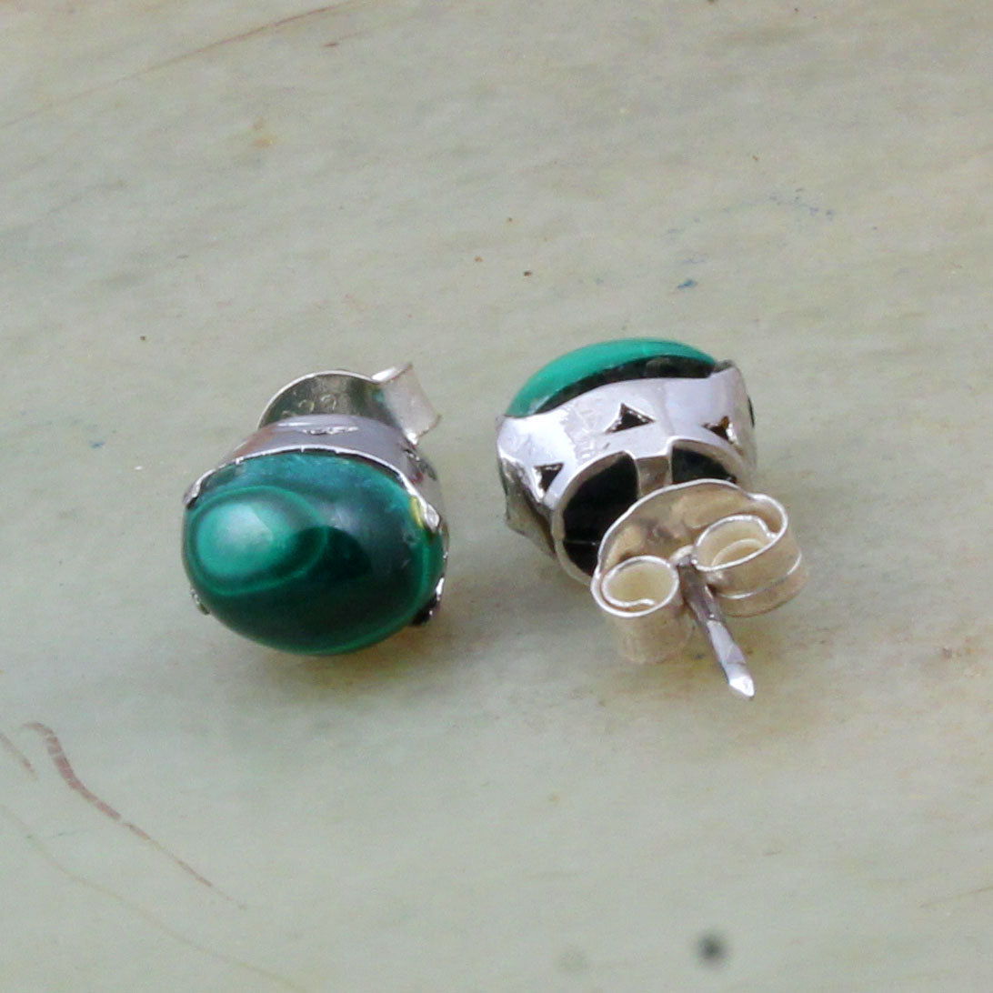 Natural Malachite Gemstone Stud Earrings Prong Set 925 Sterling Silver Handmade Oval Shape Stone Earrings