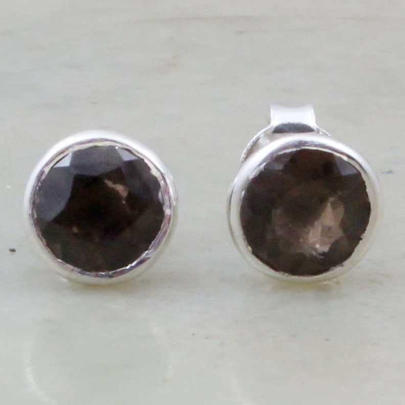 Smoky Quartz Stud Earring Bezel Round Cut Gemstone Stud Earrings